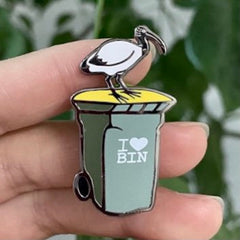 PREORDER: Bin Chicken with Bin - Hard Enamel Pin - 40mm tall, Black Nickel Plating, I Heart Bin - Cute Aussie Bird Badge