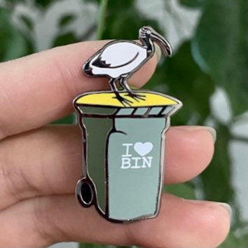 PREORDER: Bin Chicken with Bin - Hard Enamel Pin - 40mm tall, Black Nickel Plating, I Heart Bin - Cute Aussie Bird Badge