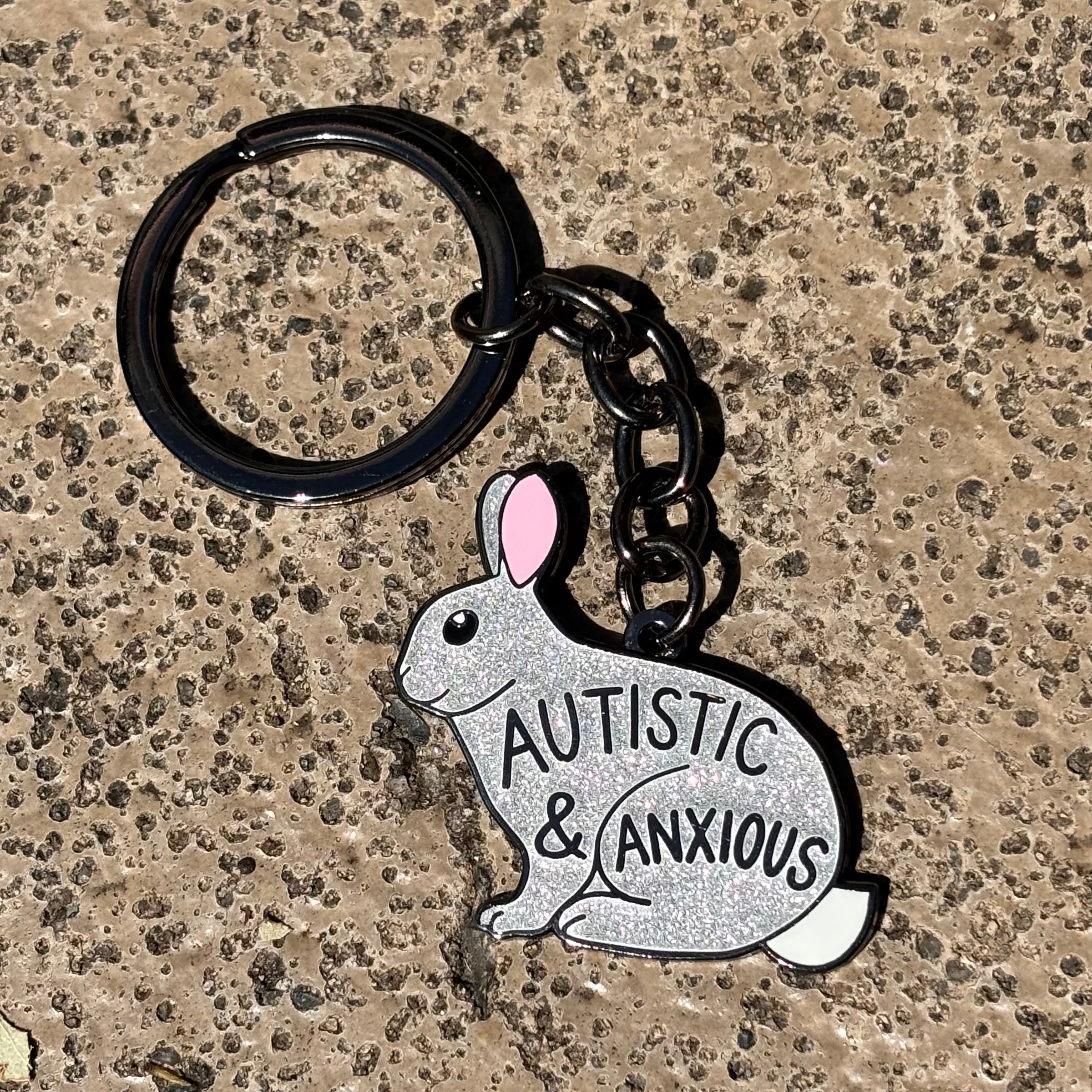 Autistic and Anxious Rabbit 40mm Hard Enamel Keychain – Jesse Irwin Art