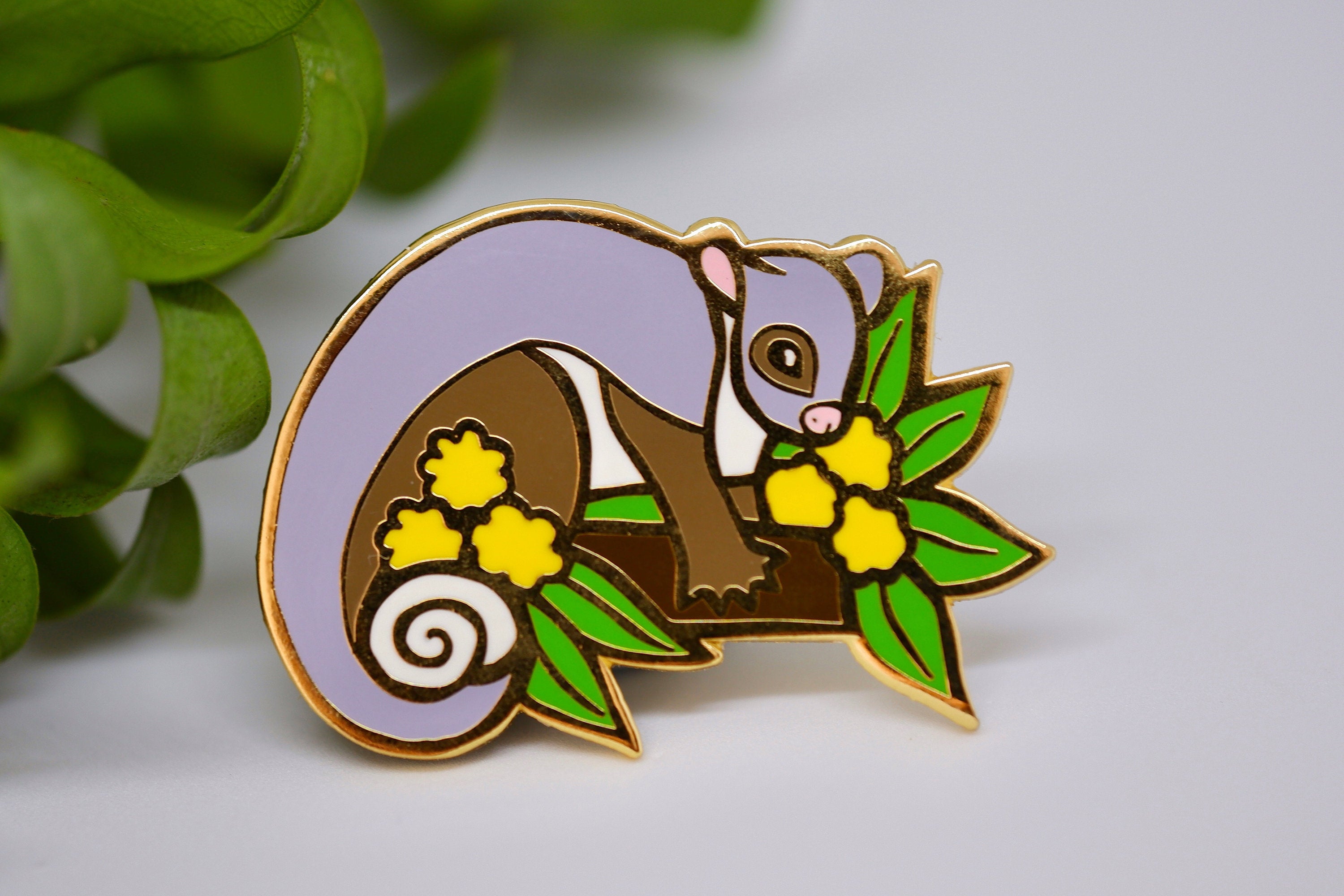 Ringtail Possum and Wattle Hard Enamel Pin - Australian Friends and Flowers - Aussie Animals - Lapel Pin, Cloissone Badge