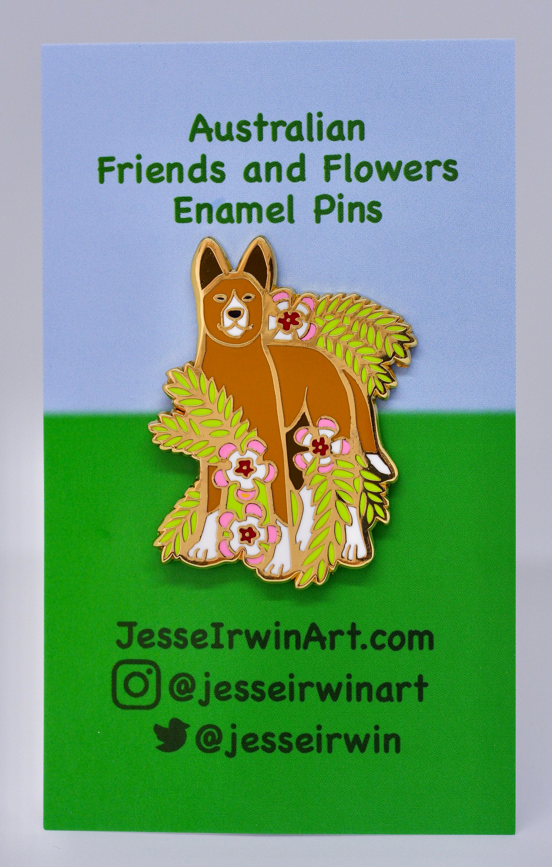 Dingo and Waxflower Hard Enamel Pin - Australian Friends and Flowers - Aussie Animals - Lapel Pin, Cloissone Badge