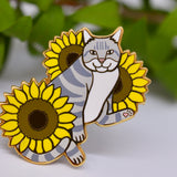 Cat and Sunflowers Hard Enamel Pin - Grey and White Tabby Cat - Lapel Pin, Cloissone Badge