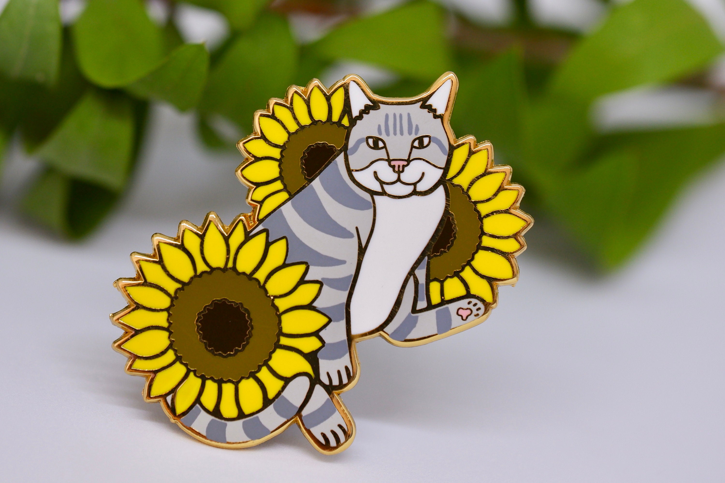 Cat and Sunflowers Hard Enamel Pin - Grey and White Tabby Cat - Lapel Pin, Cloissone Badge
