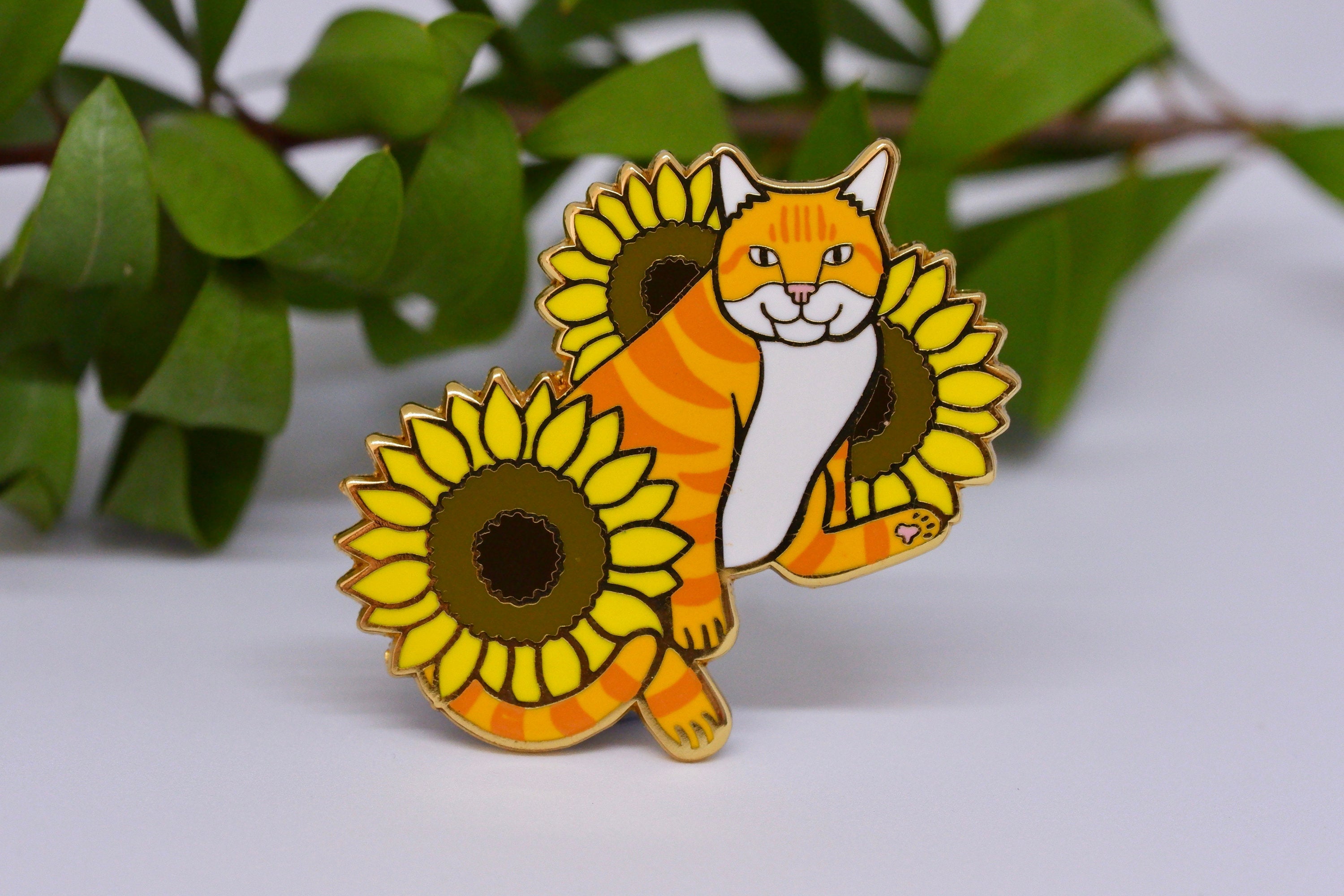 Cat and Sunflowers Hard Enamel Pin - Orange and White Tabby Cat - Ginger Cat - Lapel Pin, Cloissone Badge