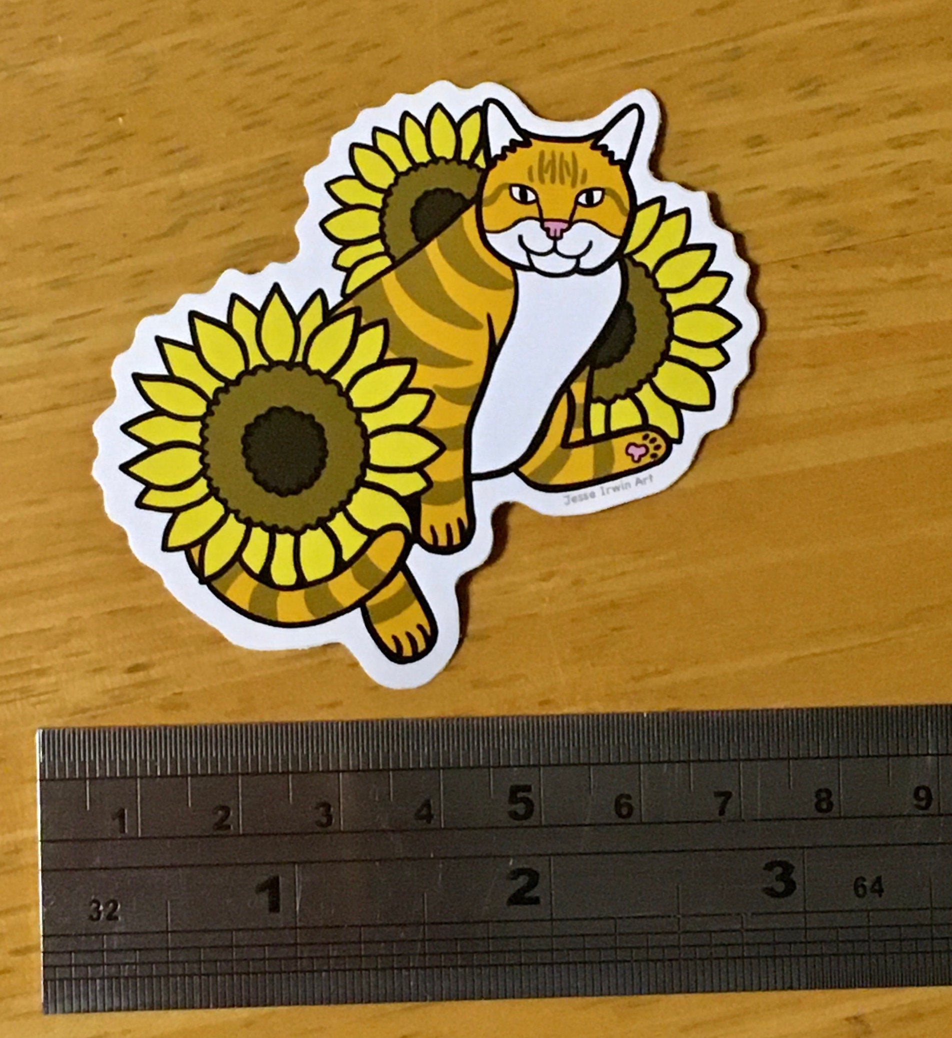 Cat and Sunflowers Vinyl Sticker - Orange and White Cat - Ginger Cat - Die Cut Vinyl Sticker - Laptop Decal