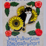 Cat and Sunflowers Hard Enamel Pin - Black and White Tuxedo Cat - Lapel Pin, Cloissone Badge