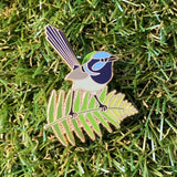 Superb Fairy Wren and Fern 40mm Hard Enamel Pin - Australian Friends and Flowers - Aussie Animals - Lapel Pin, Cloissone Badge