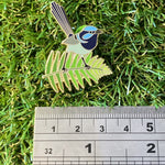 Superb Fairy Wren and Fern 40mm Hard Enamel Pin - Australian Friends and Flowers - Aussie Animals - Lapel Pin, Cloissone Badge