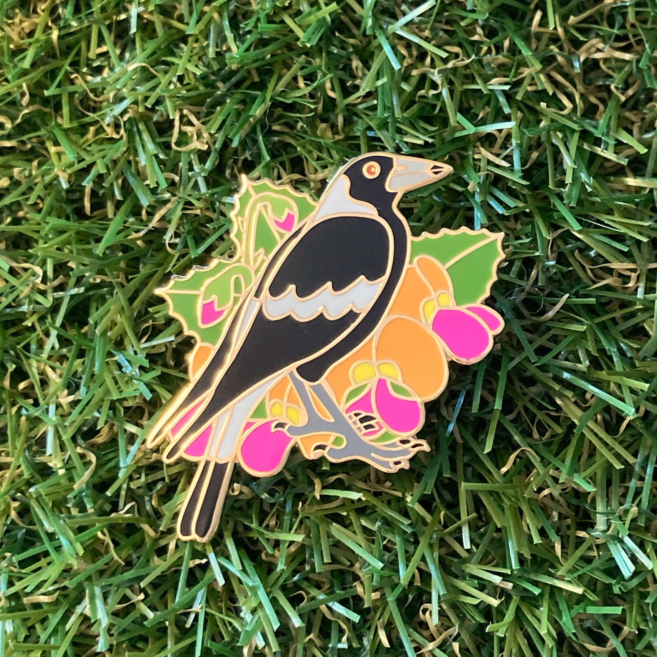 Magpie and Flame Pea 40mm Hard Enamel Pin – Jesse Irwin Art