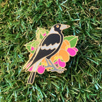 Magpie and Flame Pea 40mm Hard Enamel Pin - Australian Friends and Flowers - Aussie Animals - Lapel Pin, Cloissone Badge