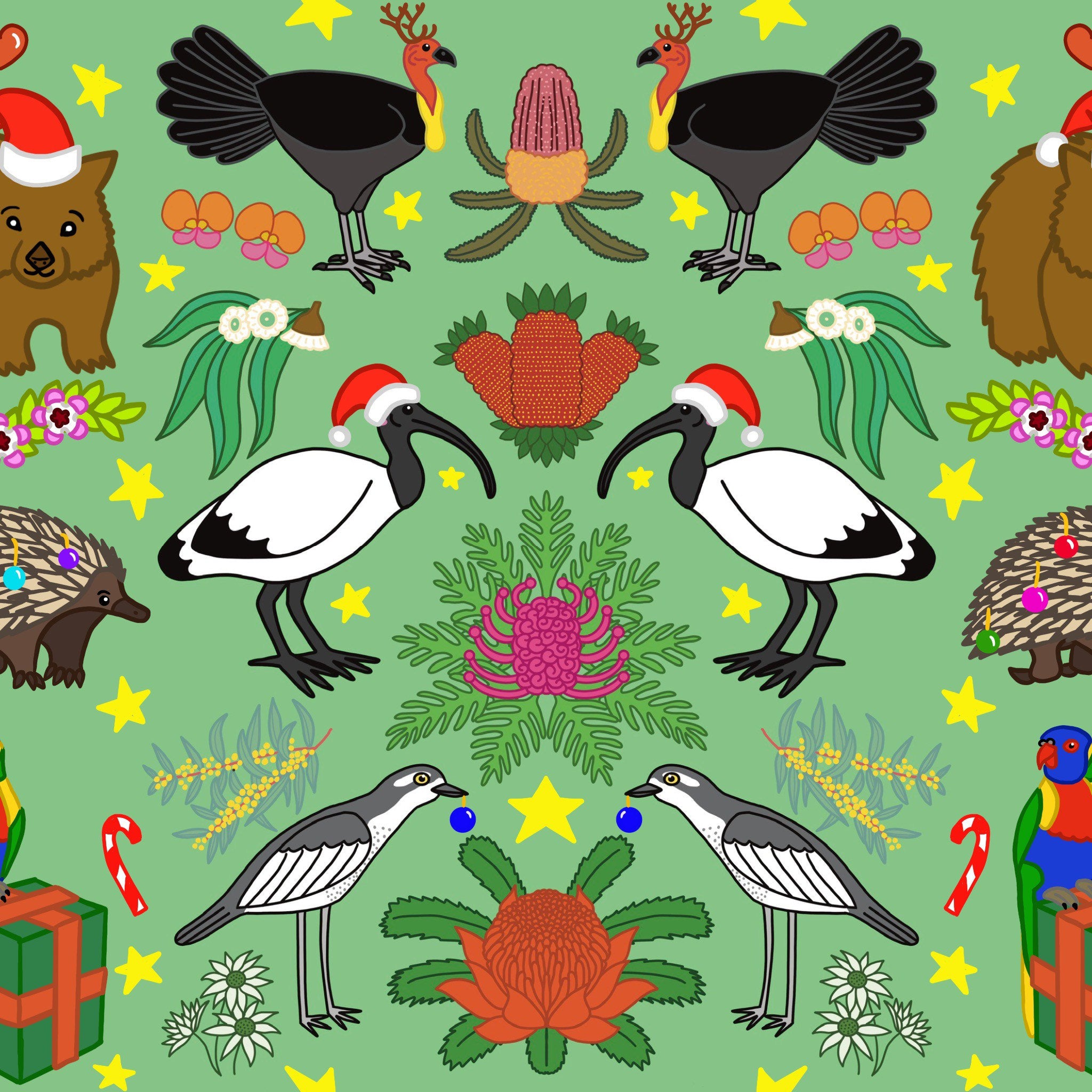 PREORDER - Aussie Christmas Wrapping Paper 70cm x 100cm - Designed by Brisbane Artist - Native Australian Animals and Birds and Flowers