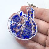 Porcelain Cat Clear Acrylic Charm Ornament - Transparent Design - Choose Charm Loop or Keychain Keyring - Blue & White Stained Glass Effect