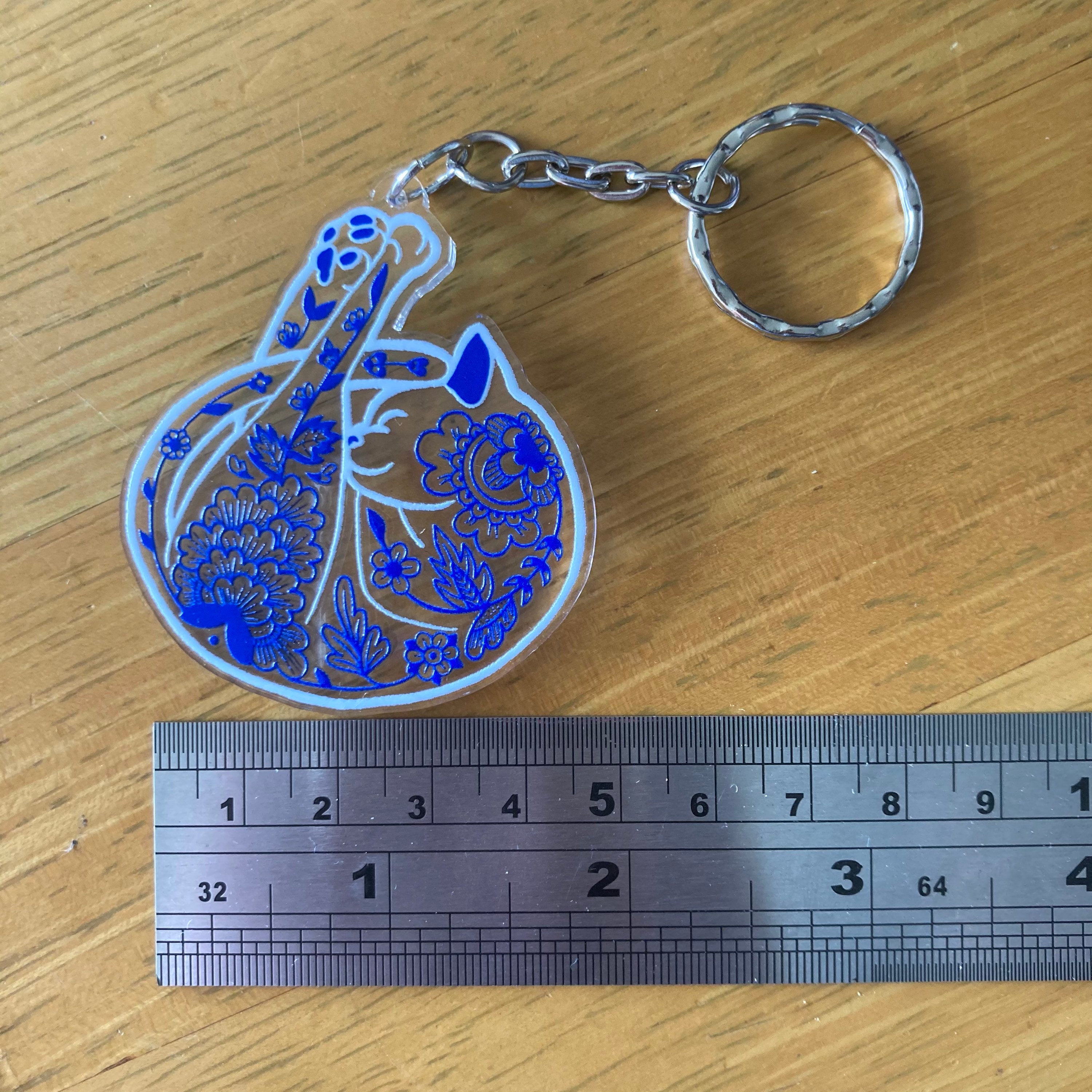 Porcelain Cat Clear Acrylic Charm Ornament - Transparent Design - Choose Charm Loop or Keychain Keyring - Blue & White Stained Glass Effect