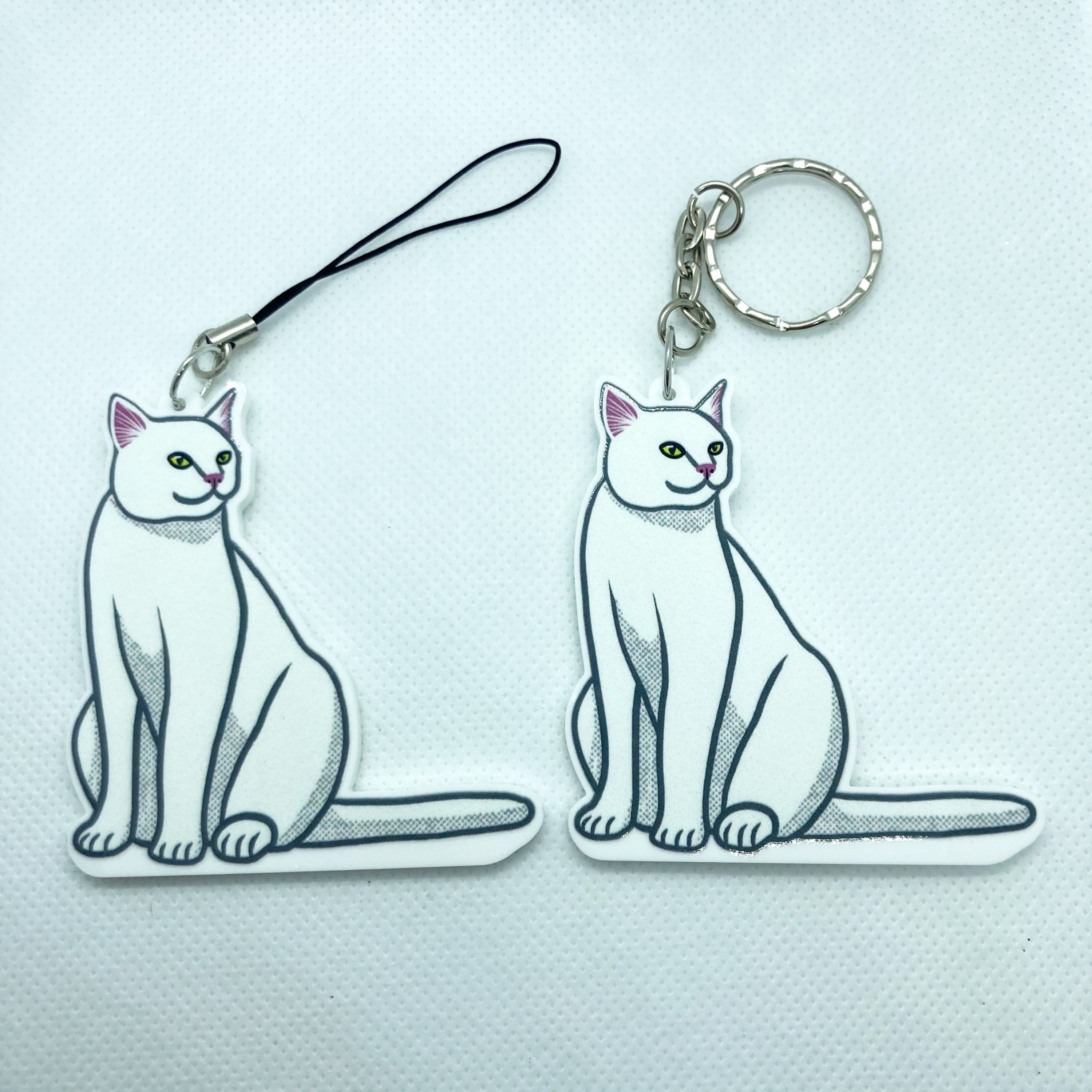 White Cat Acrylic Charm Washi Tape Cutter - Choose Charm Loop or Keychain Keyring