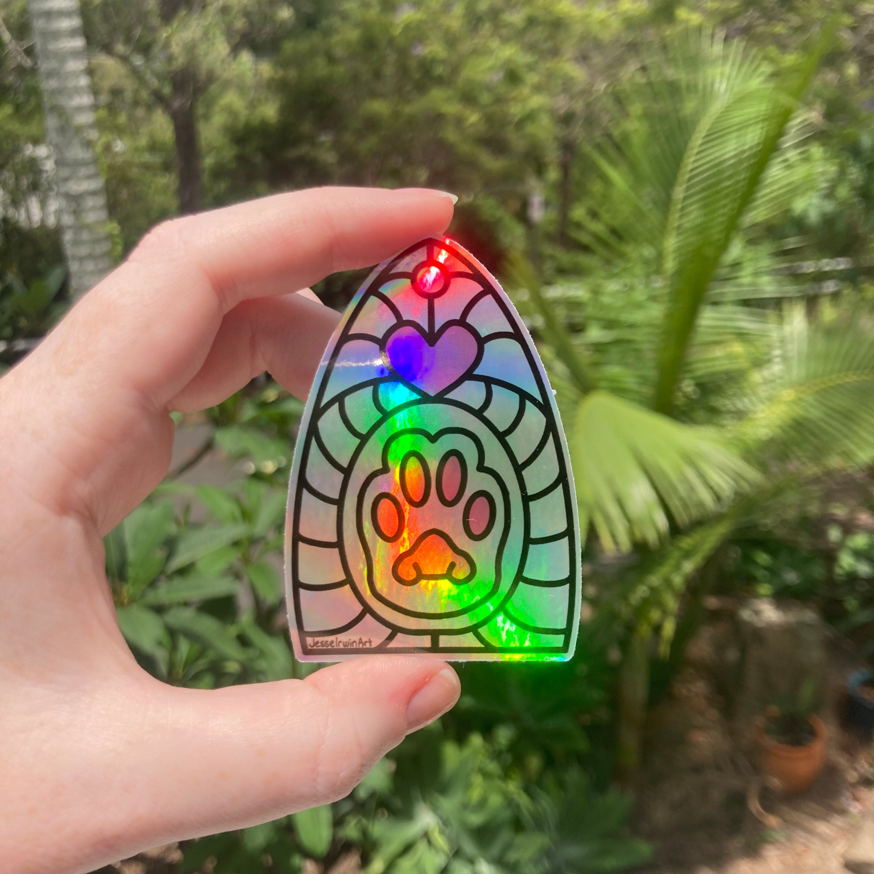 Cats Paw Holo Rainbow Vinyl Sticker - Holographic Silver Cute Stained Glass Window Memorial - Die Cut Vinyl Sticker - Laptop Decal