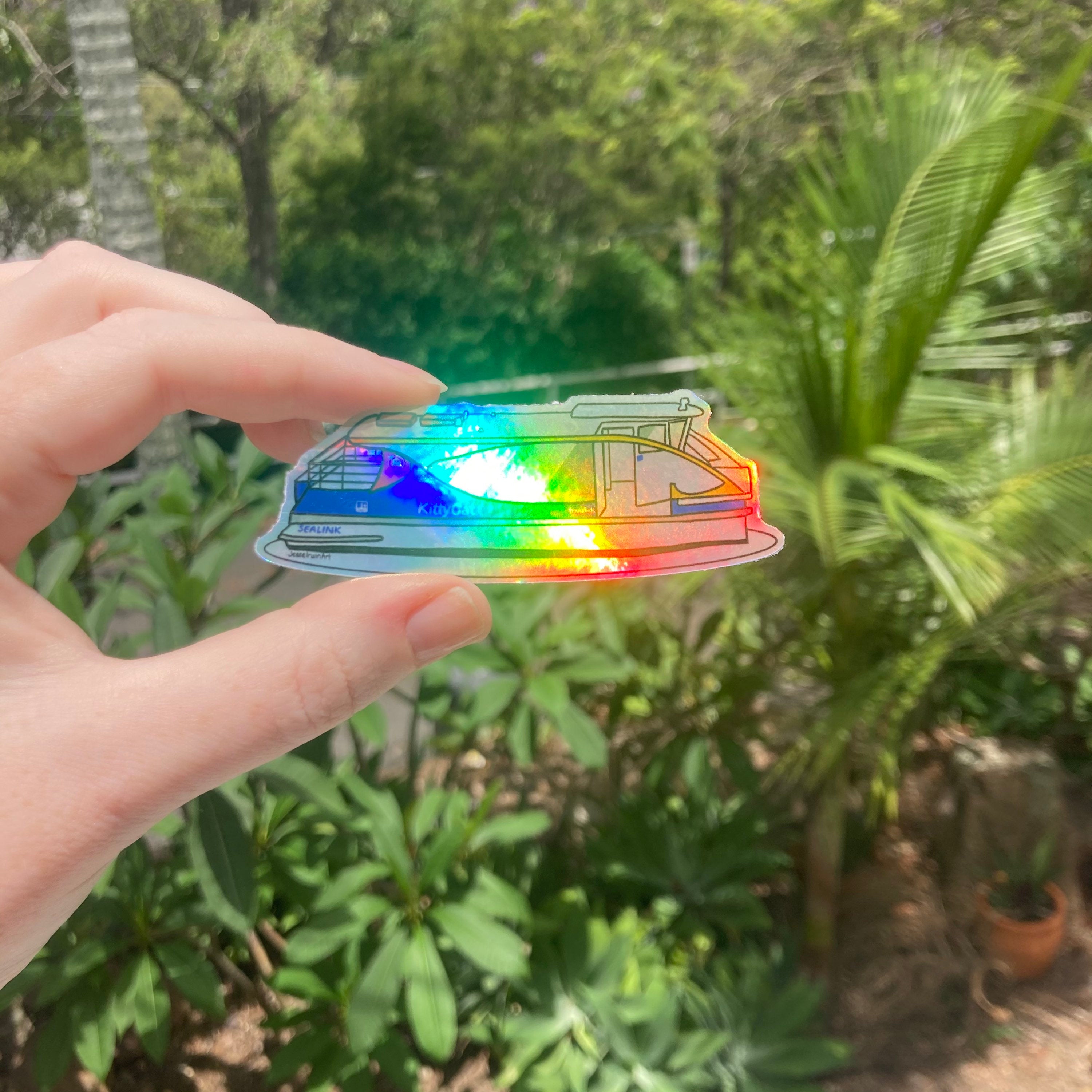 Kitty Cat Holo Rainbow Vinyl Sticker - Holographic Silver Brisbane Ferry - Die Cut Vinyl Sticker - Laptop Decal