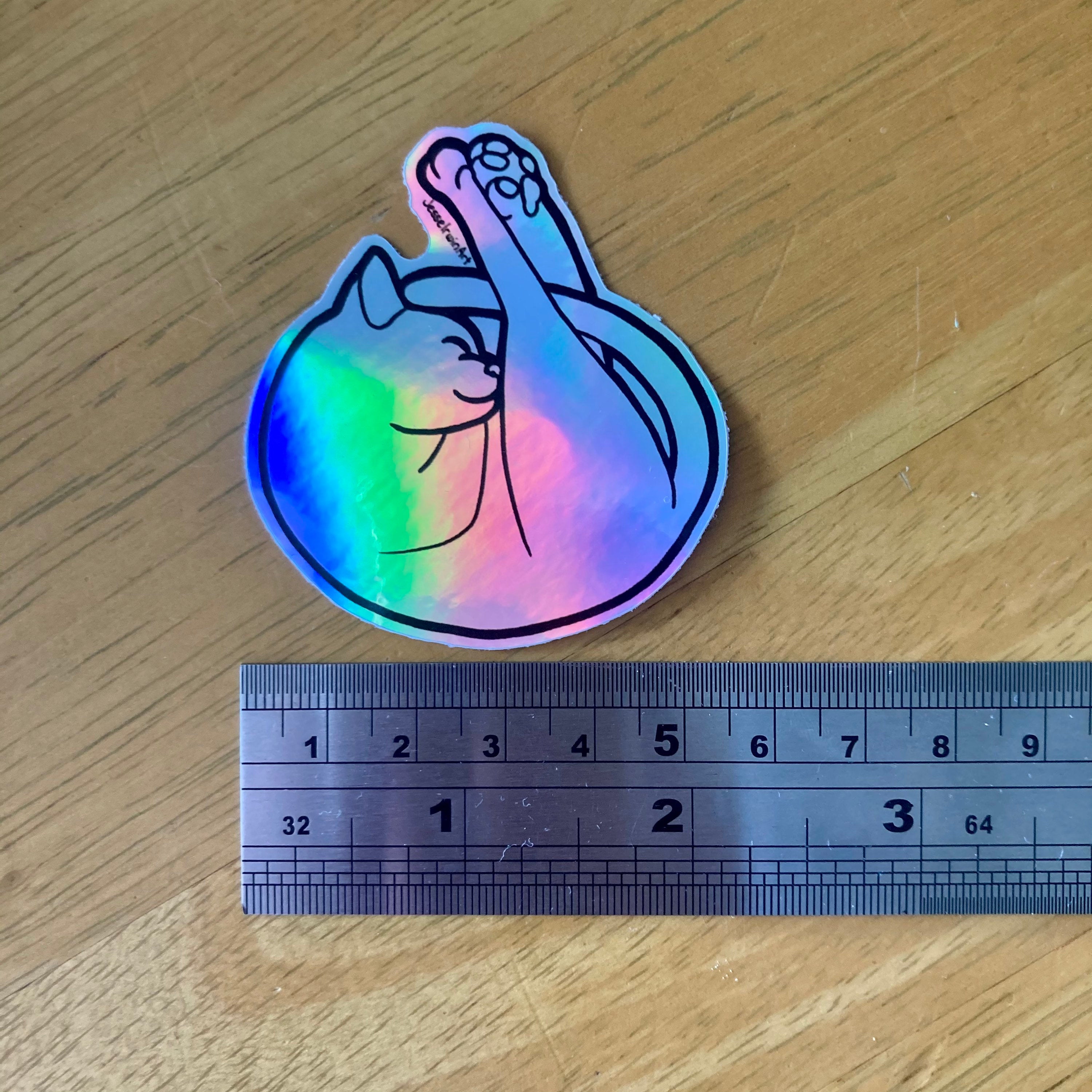 Curled Cat Holo Rainbow Vinyl Sticker - Holographic Silver Cute Sleeping Kitty - Die Cut Vinyl Sticker - Laptop Decal