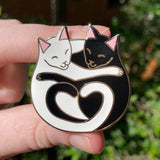 Cuddling Cats Hard Enamel Pin - Black and White - Gold Plated 40mm Tall - Hugging Kittens