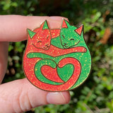 Cuddling Cats Hard Enamel Pin - Red and Green with Glitter - Christmas Xmas Holiday Celebration Badge Jewellery