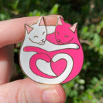 Cuddling Cats Hard Enamel Pin - Pink and White - Gold Plated 40mm Tall - Hugging Kittens - Valentine’s Day Gift - Anniversary