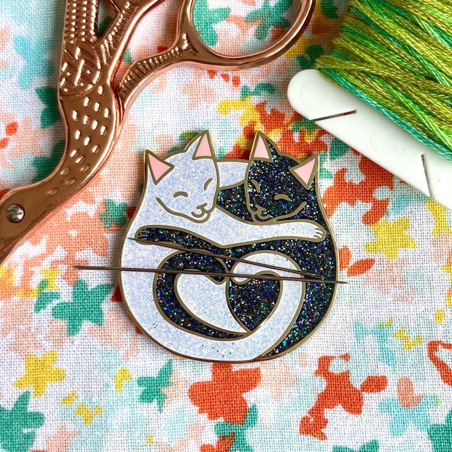 Magnetic Needleminder - Cuddling Cats Black and White Glitter Hard Enamel Pin Converted to Needle Minder with Very Strong Neodymium Magnets
