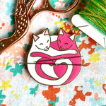Magnetic Needleminder - Cuddling Cats Pink and White 40mm Hard Enamel Pin Converted to Needle Minder with Very Strong N50 Neodymium Magnets