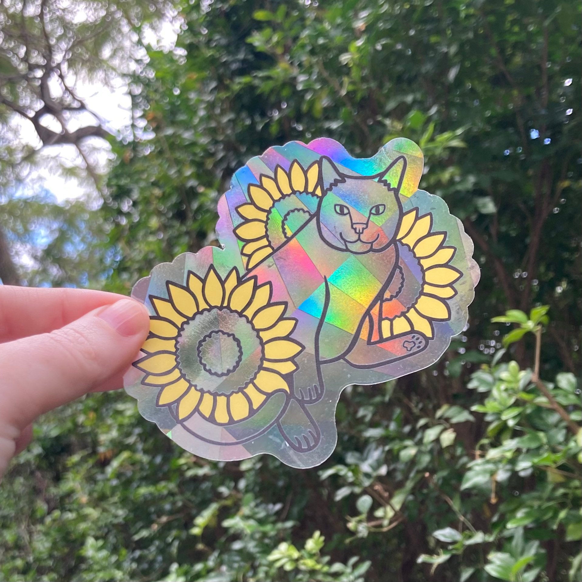 Sunflower Cat Prismatic Rainbow Suncatcher Decal Sticker - 4” wide, transparent sun catcher - stained glass window effect
