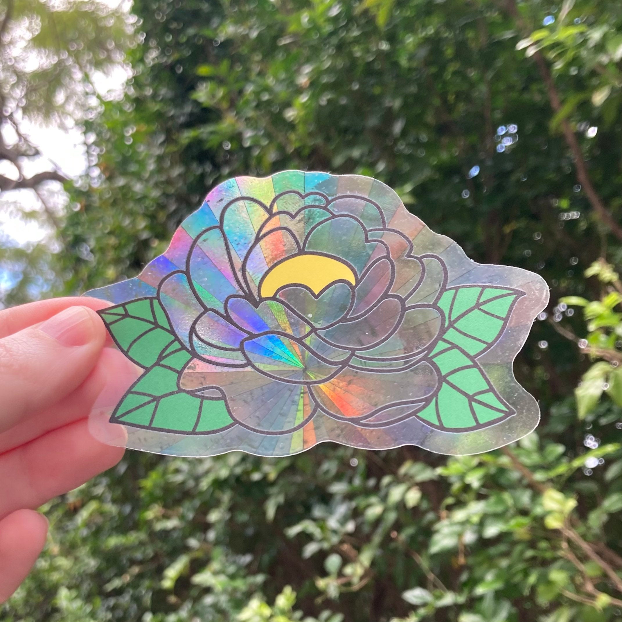 Pretty Flower Prismatic Rainbow Suncatcher Decal Sticker - 4” wide, transparent sun catcher - stained glass window effect