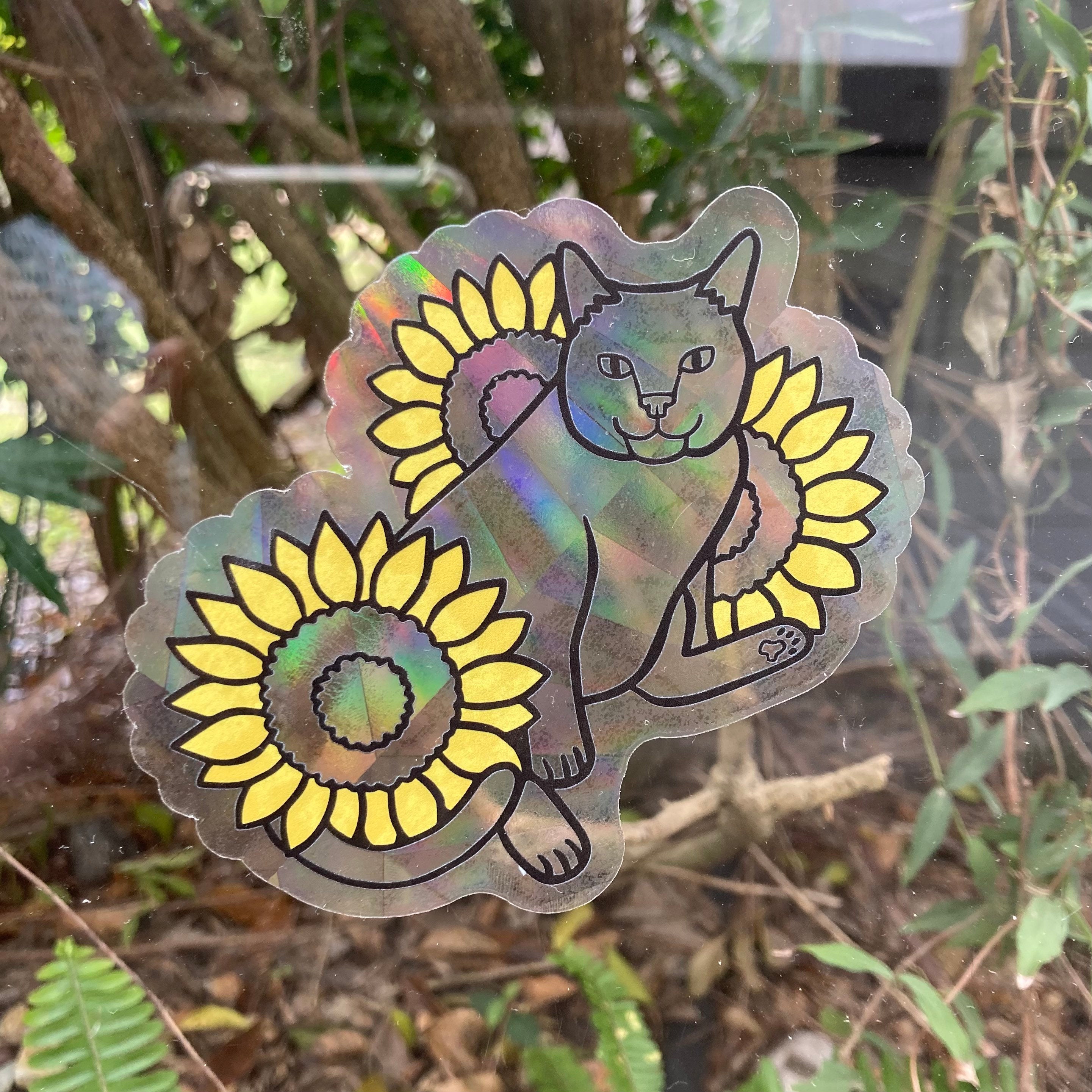 Sunflower Cat Prismatic Rainbow Suncatcher Decal Sticker - 4” wide, transparent sun catcher - stained glass window effect