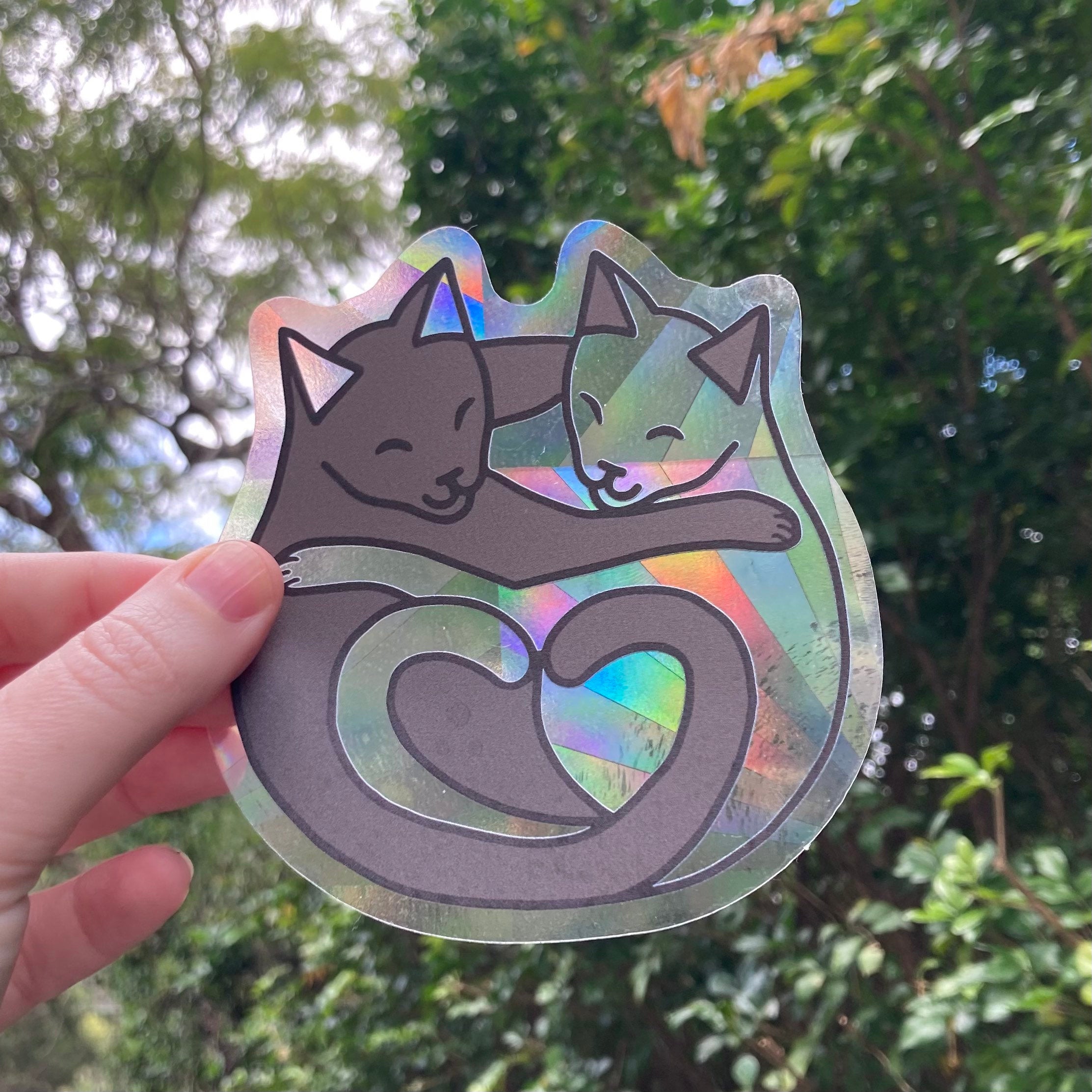 Cuddling Cats Prismatic Rainbow Suncatcher Decal Sticker - 4” wide, transparent sun catcher - stained glass window effect