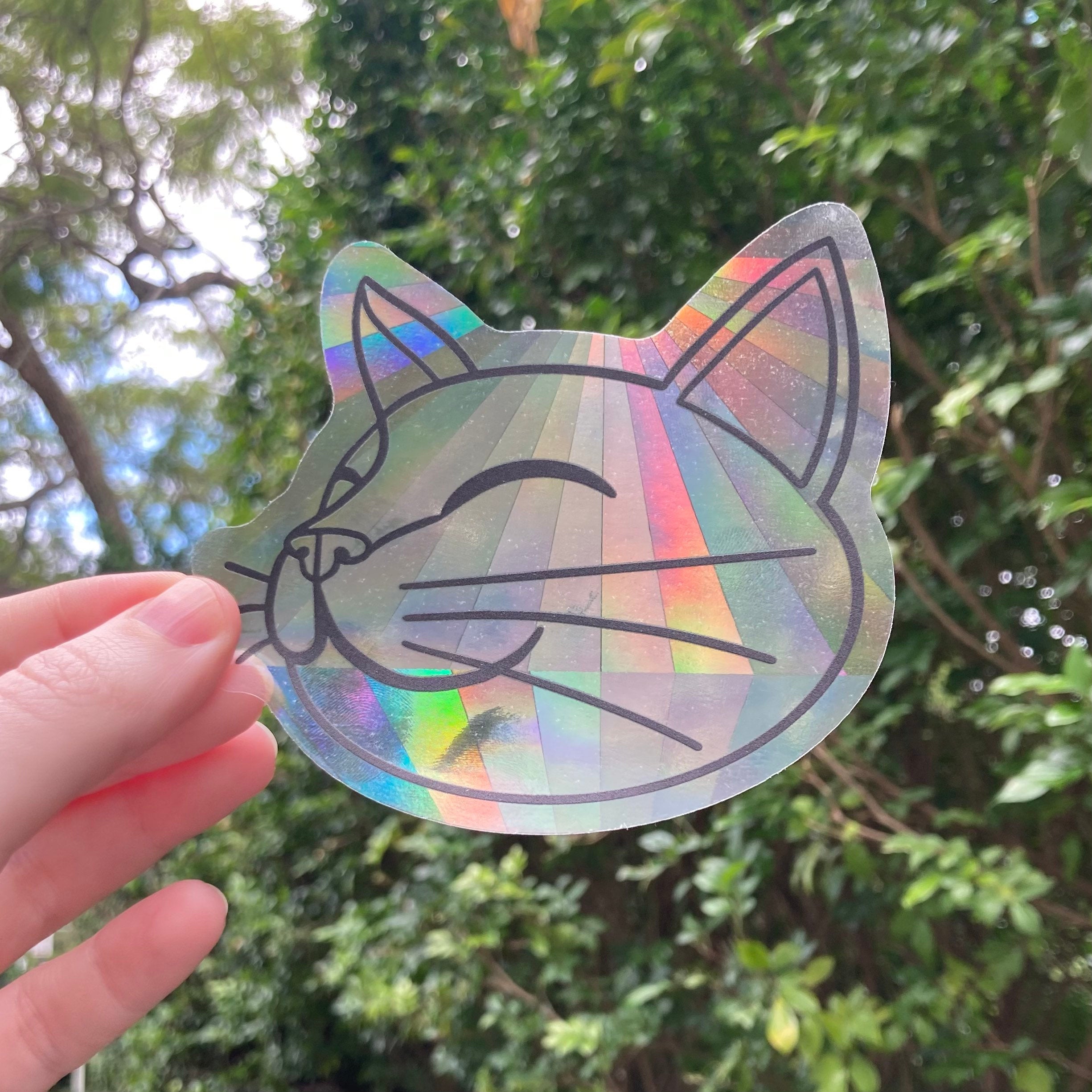Happy Cat Prismatic Rainbow Suncatcher Decal Sticker - 4” wide, transparent sun catcher - stained glass window effect